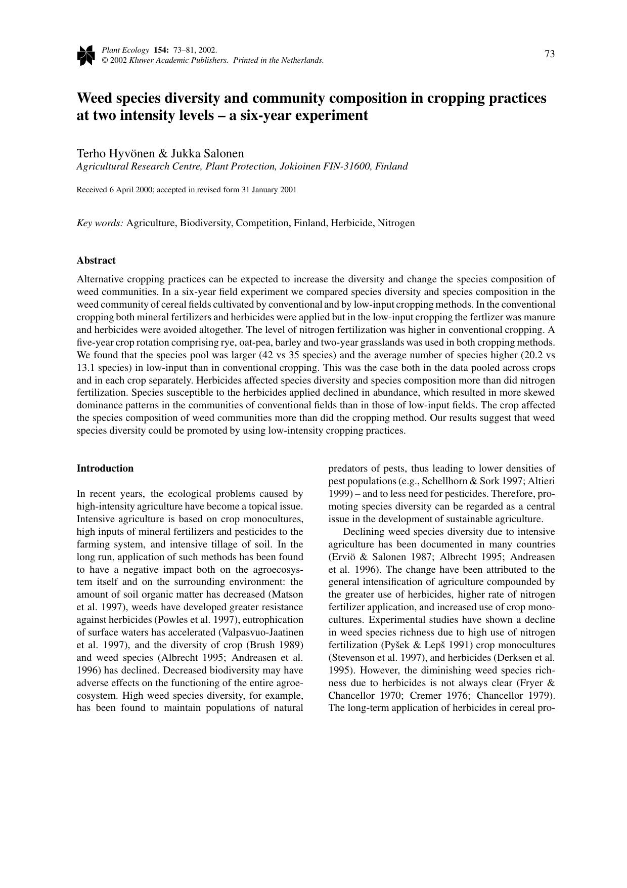 Weed species diversity and community composition in cropping practices at two intensity levels – a six-year experiment by Unknown