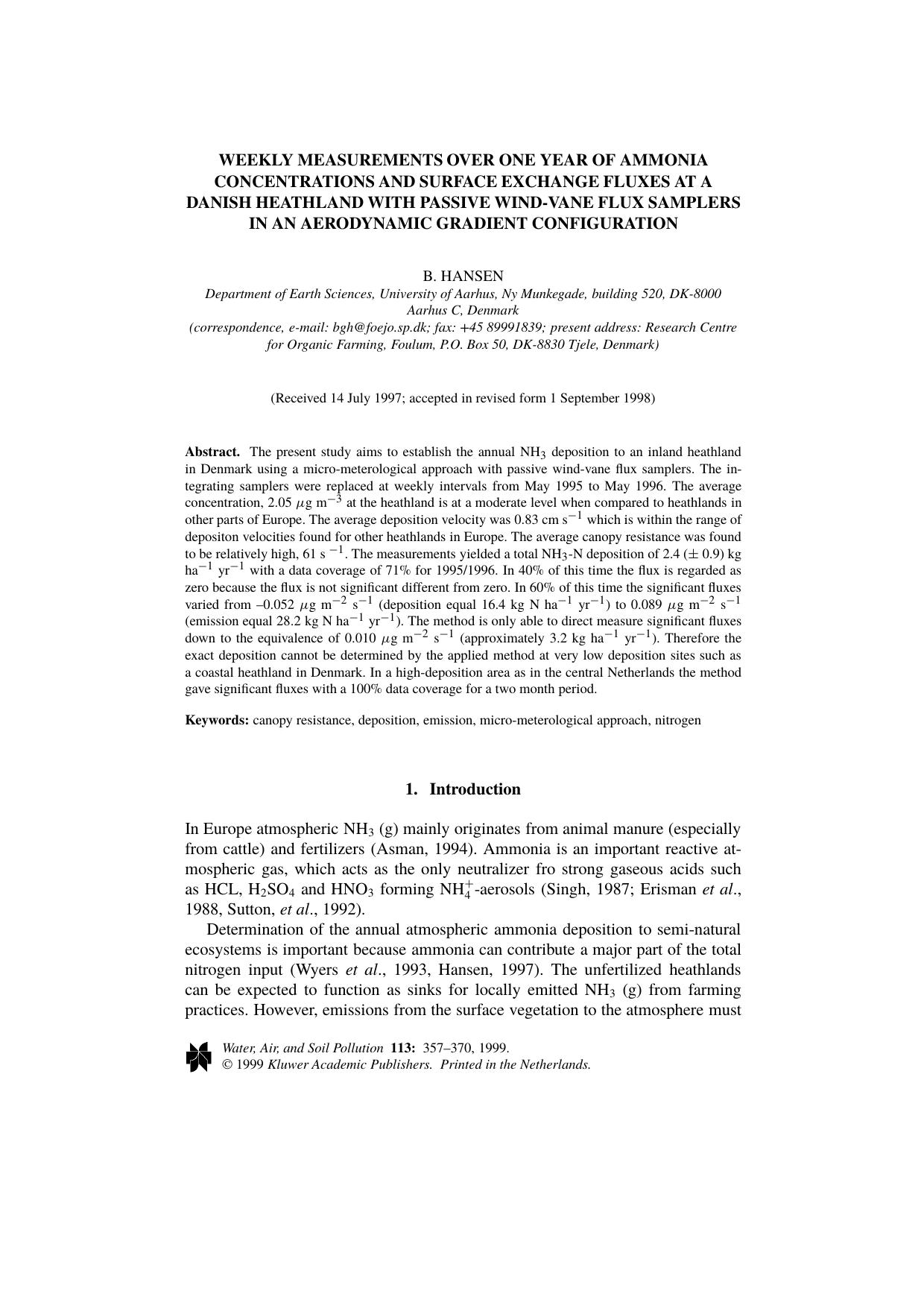 Weekly Measurements over One Year of Ammonia Concentrations and Surface Exchange Fluxes at a Danish Heathland with Passive Wind-Vane Flux Samplers in an Aerodynamic Gradient Configuration by Unknown