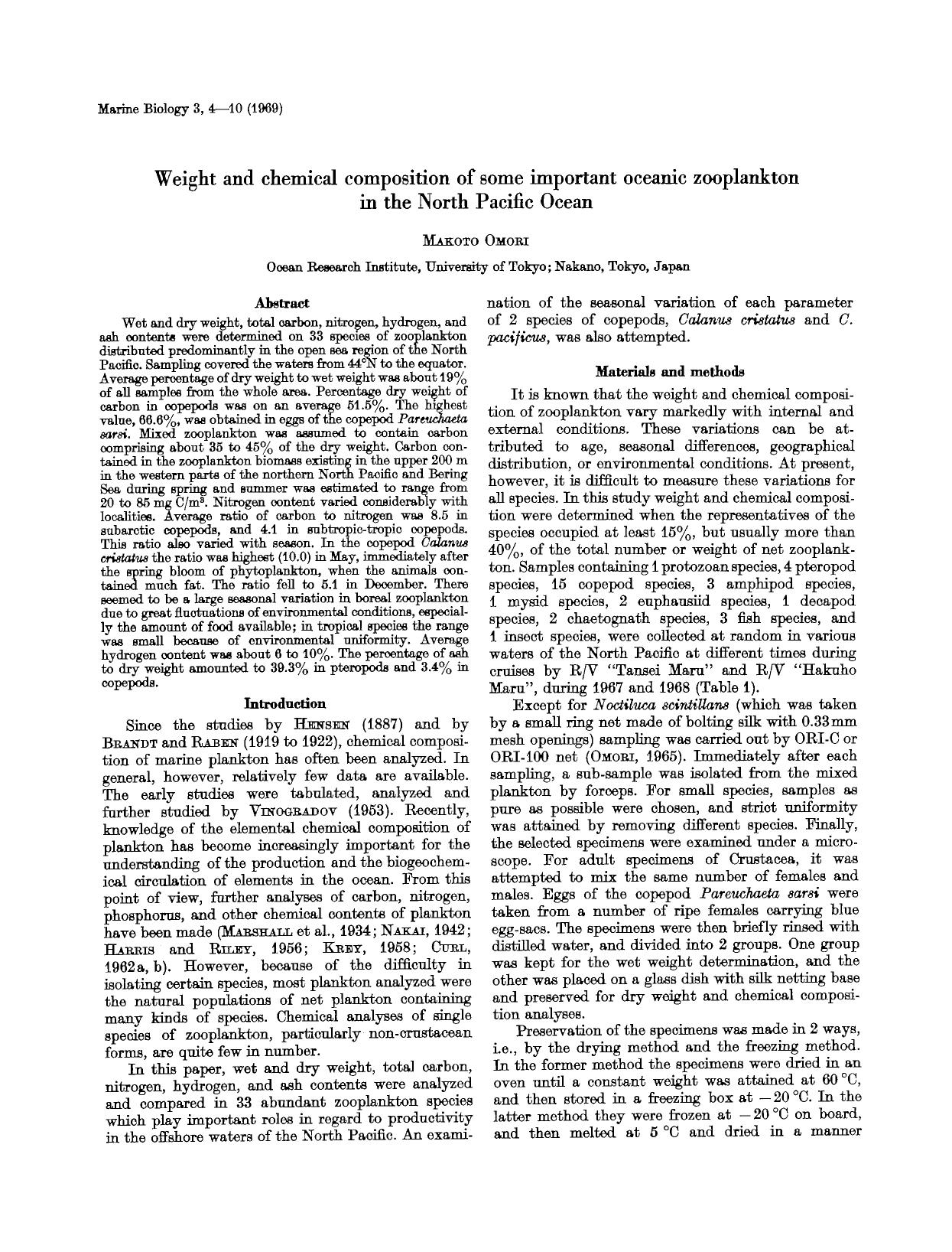 Weight and chemical composition of some important oceanic zooplankton in the North Pacific Ocean by Unknown