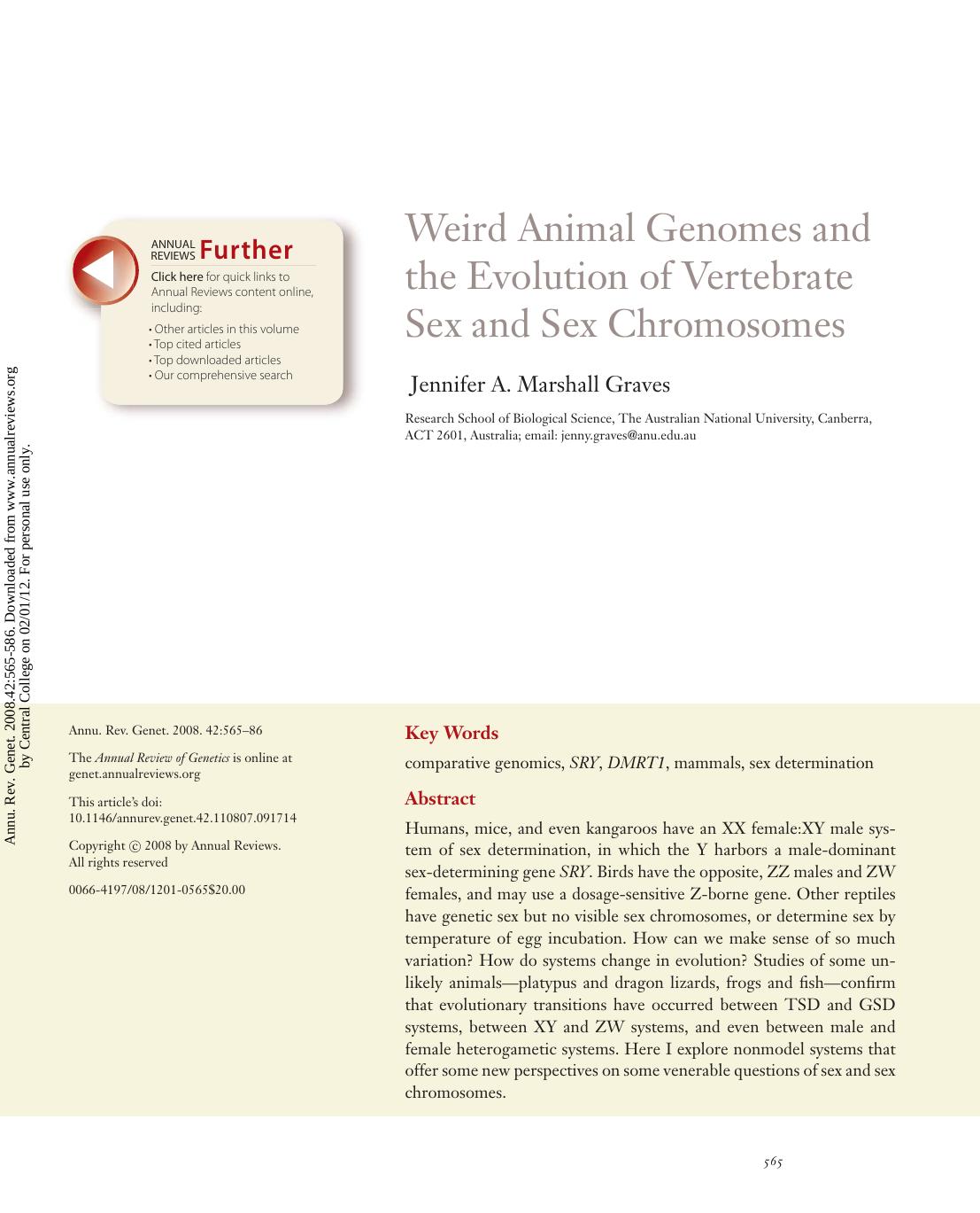 Weird Animal Genomes and the Evolution of Vertebrate Sex and Sex Chromosomes by Jennifer A. Marshall Graves