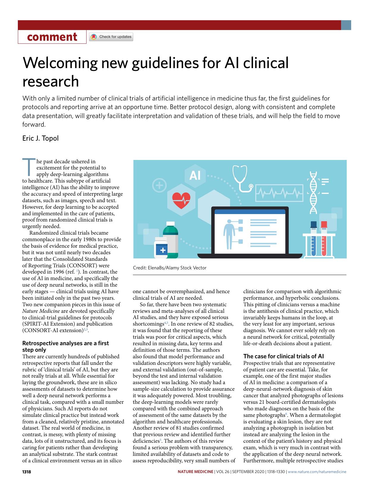 Welcoming new guidelines for AI clinical research by Eric J. Topol