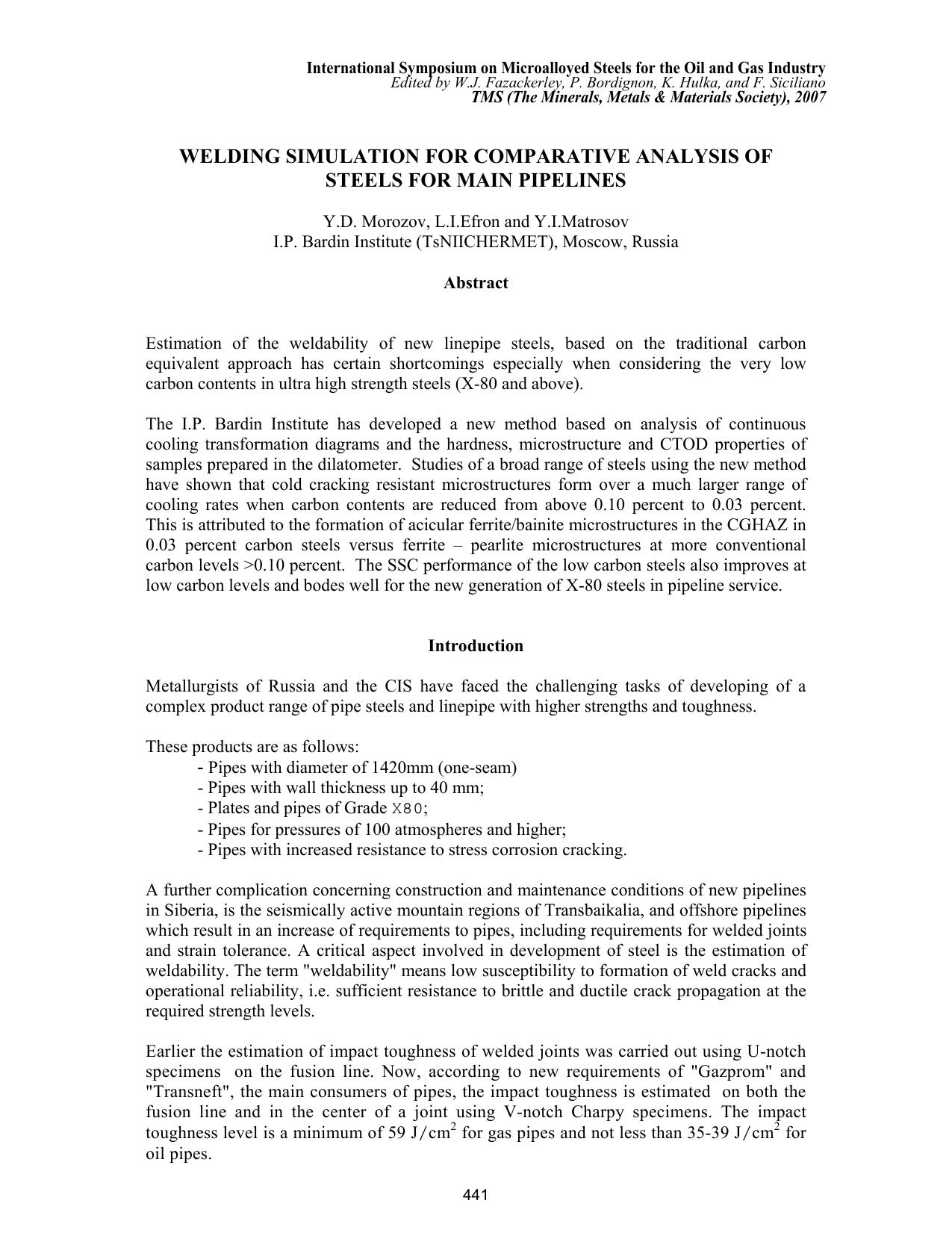 Welding Simulation for Comparative Analysis of Steels for Main Pipelines by Y.D. Morozov L.I. Efron and Y.I. Matrosov