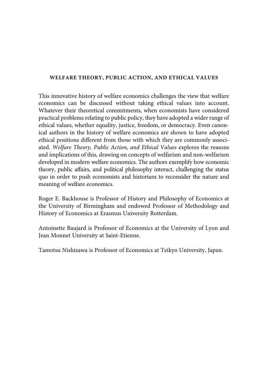 Welfare Theory, Public Action, and Ethical Values: Revisiting the History of Welfare Economics by Roger E. Backhouse (editor) Antoinette Baujard (editor) Tamotsu Nishizawa (editor)
