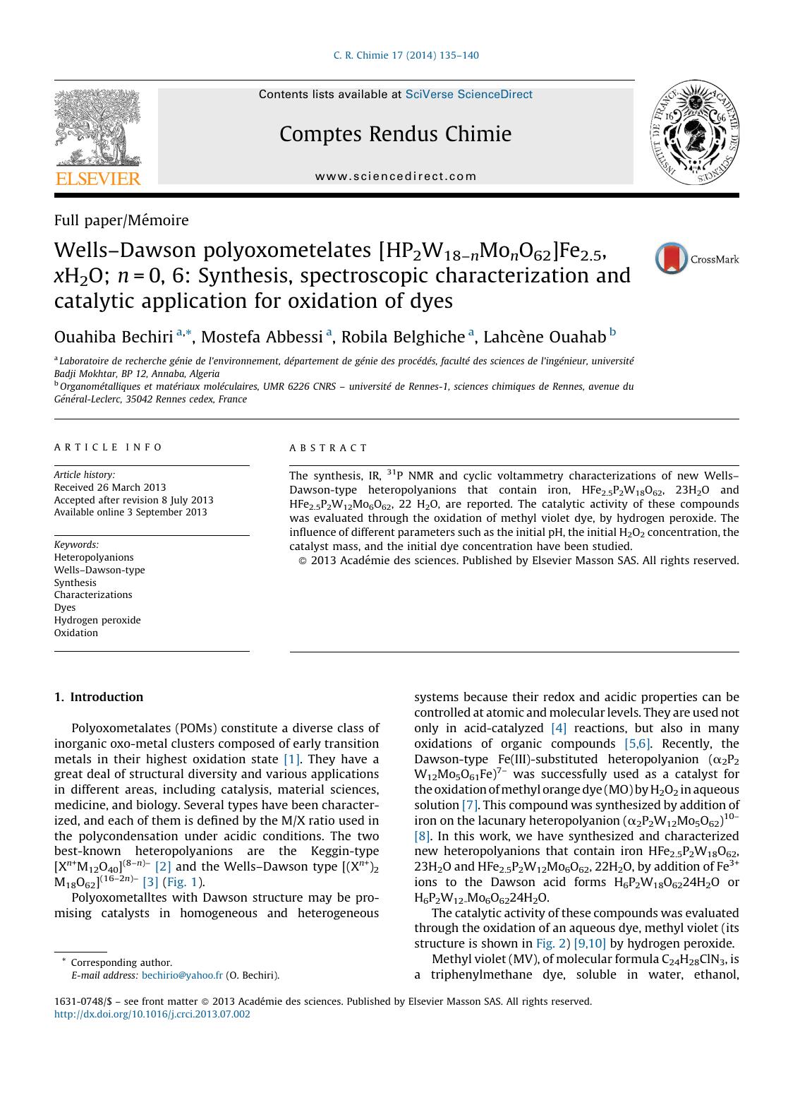 WellsâDawson polyoxometelates [HP2W18ânMonO62]Fe2.5, xH2O; n=0, 6: Synthesis, spectroscopic characterization and catalytic application for oxidation of dyes by Ouahiba Bechiri & Mostefa Abbessi & Robila Belghiche & Lahcène Ouahab
