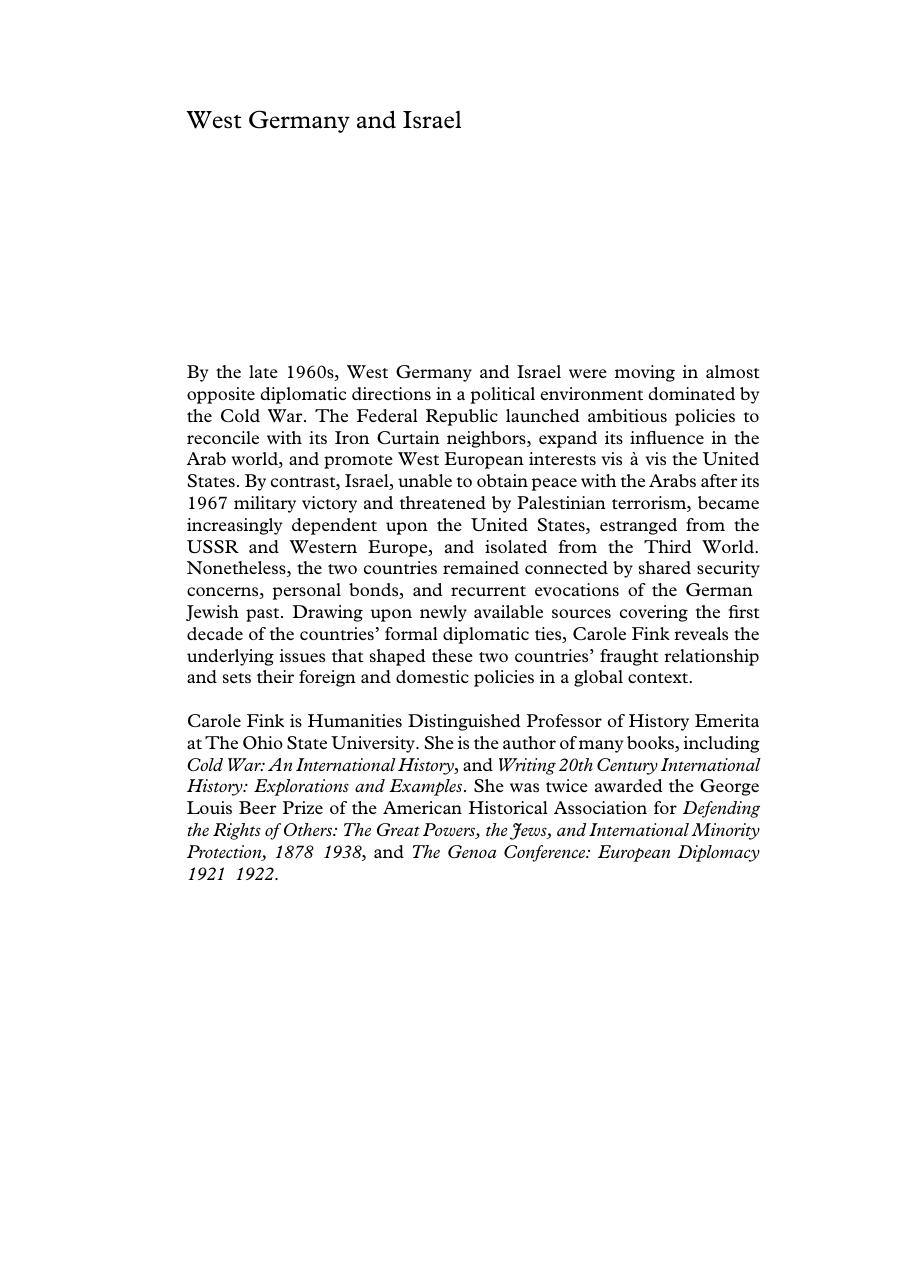 West Germany And Israel: Foreign Relations, Domestic Politics, And The Cold War, 1965-1974 by Carole Fink