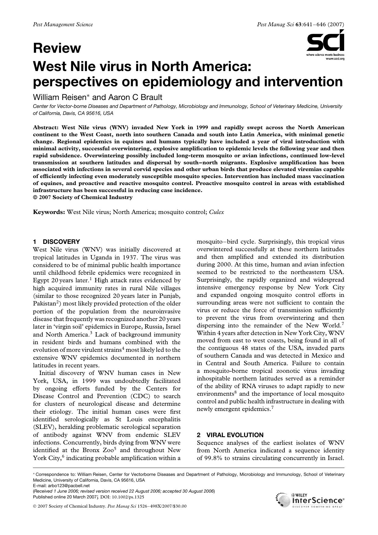 West Nile virus in North America: perspectives on epidemiology and intervention by Unknown