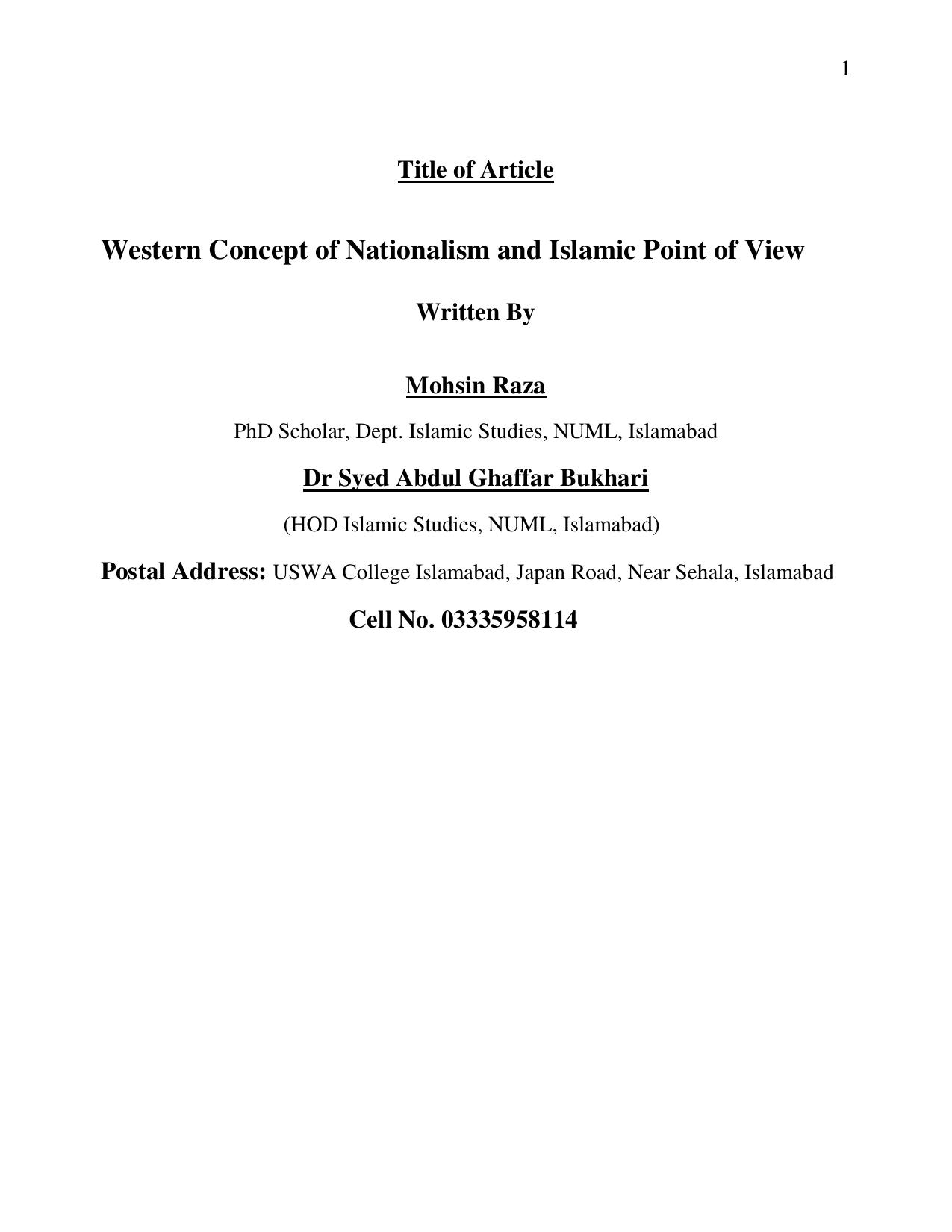 Western Concept of Nationalism and Islamic Point of View by Muhsin Raza