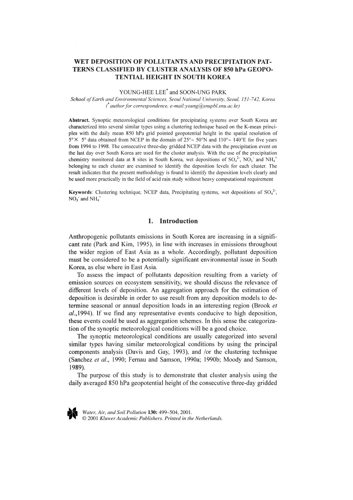 Wet Deposition of Pollutants and Precipitation Patterns Classified by Cluster Analysis of 850 hPa Geopotential Height in South Korea by Unknown