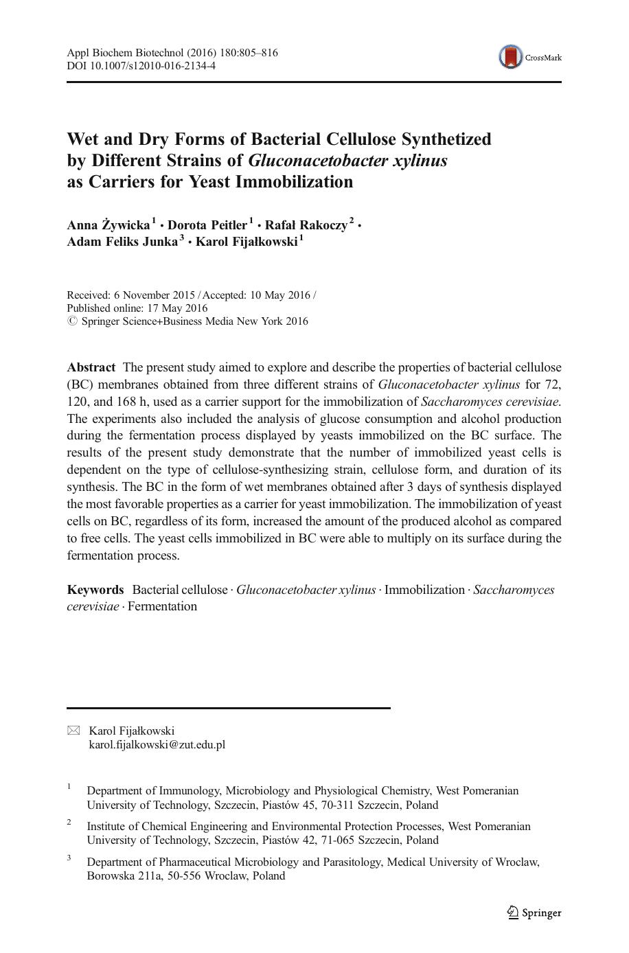 Wet and Dry Forms of Bacterial Cellulose Synthetized by Different Strains of Gluconacetobacter xylinus as Carriers for Yeast Immobilization by Anna Żywicka & Dorota Peitler & Rafał Rakoczy & Adam Feliks Junka & Karol Fijałkowski