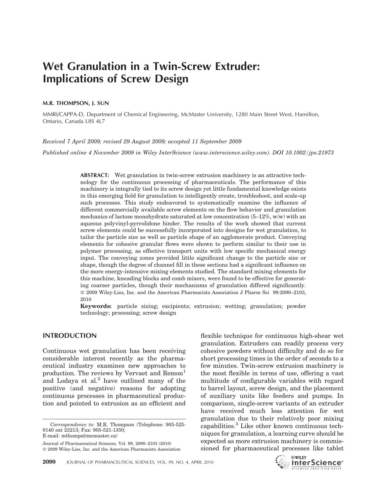 Wet granulation in a twin-screw extruder: Implications of screw design by Unknown