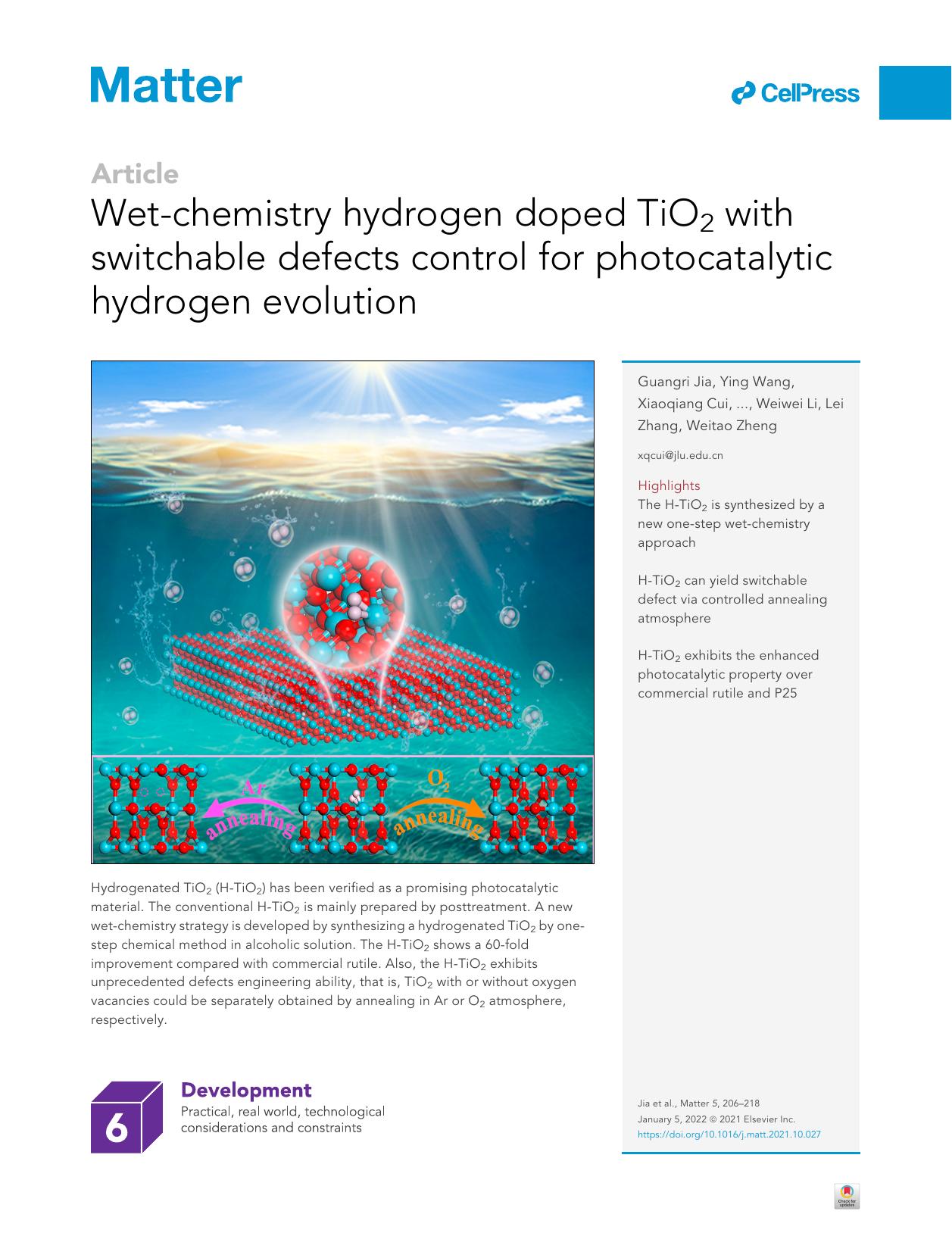 Wet-chemistry hydrogen doped TiO2 with switchable defects control for photocatalytic hydrogen evolution by unknow