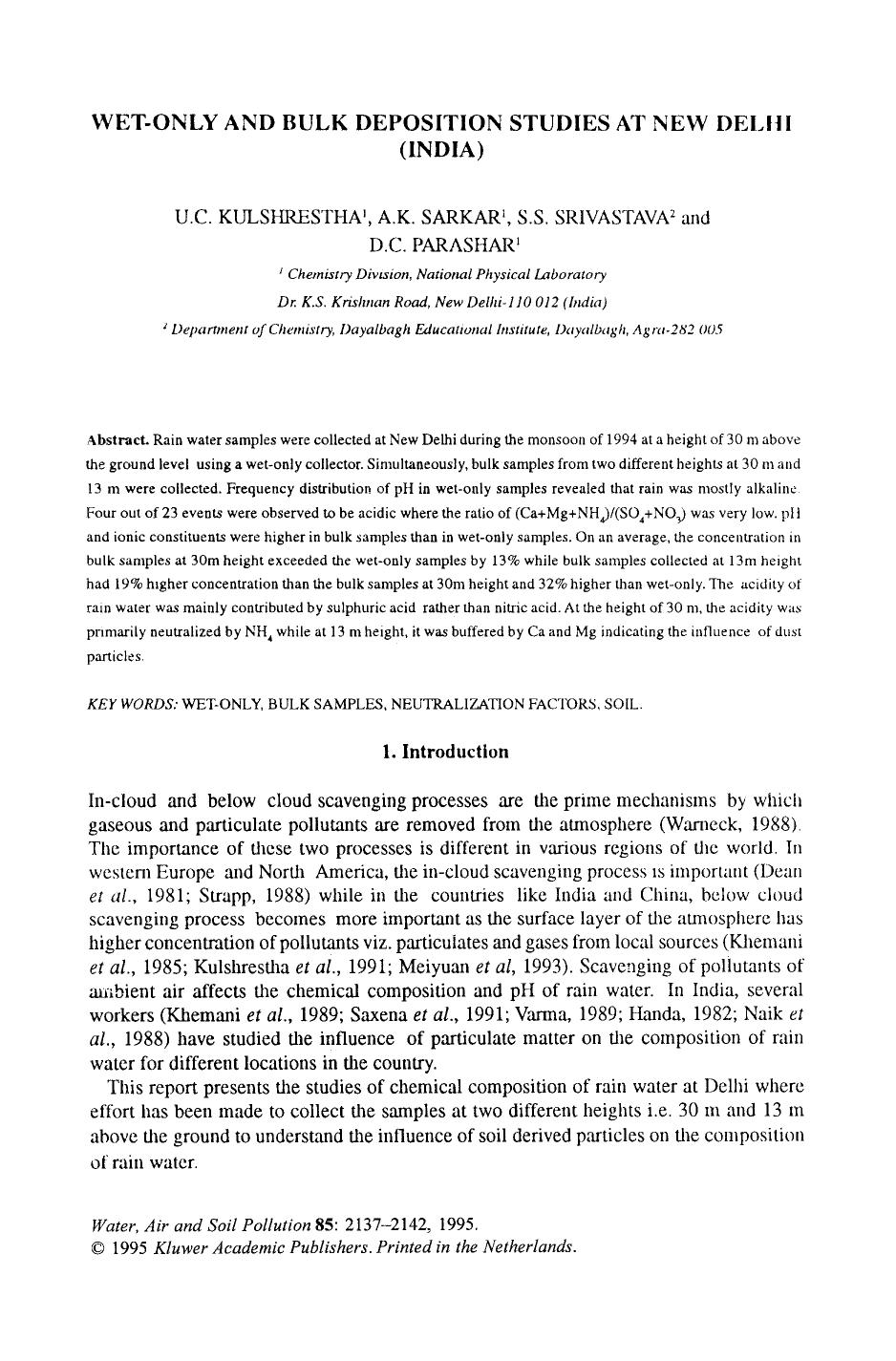 Wet-only and bulk deposition studies at New Delhi (India) by Unknown