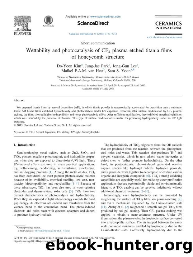 Wettability and photocatalysis of CF4 plasma etched titania films of honeycomb structure by Do-Yeon Kim & Jung-Jae Park & Jong-Gun Lee & Maikel F.A.M. van Hest & Sam S. Yoon