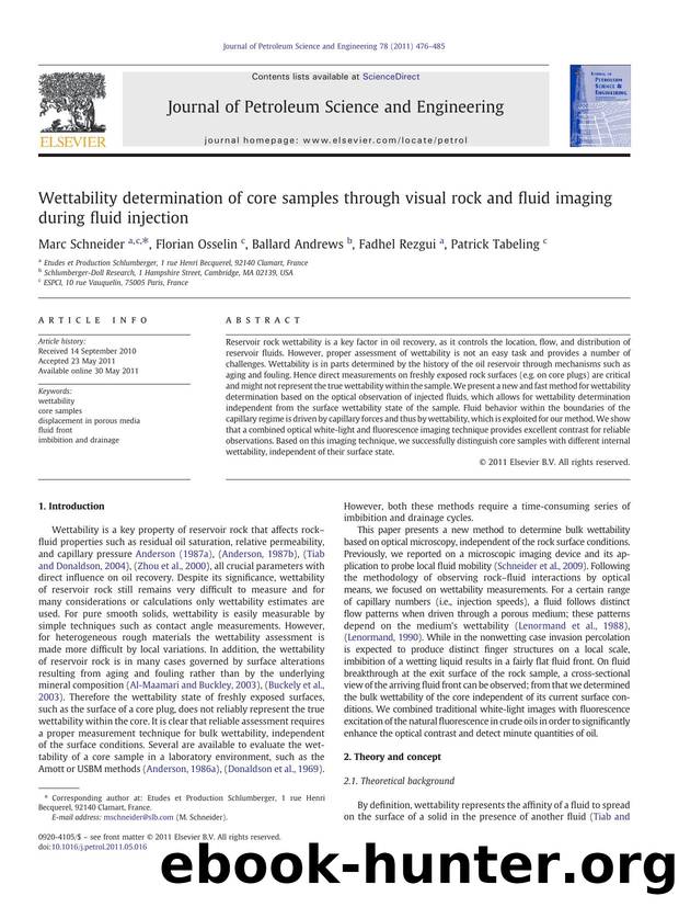 Wettability determination of core samples through visual rock and fluid imaging during fluid injection by Marc Schneider & Florian Osselin & Ballard Andrews & Fadhel Rezgui & Patrick Tabeling