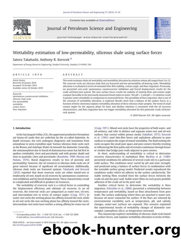 Wettability estimation of low-permeability, siliceous shale using surface forces by Satoru Takahashi & Anthony R. Kovscek