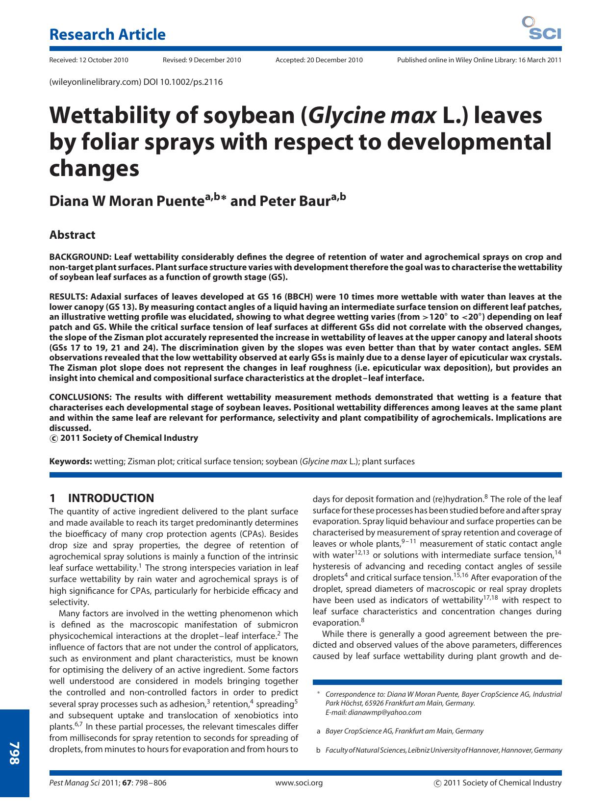 Wettability of soybean (Glycine max L.) leaves by foliar sprays with respect to developmental changes by Unknown