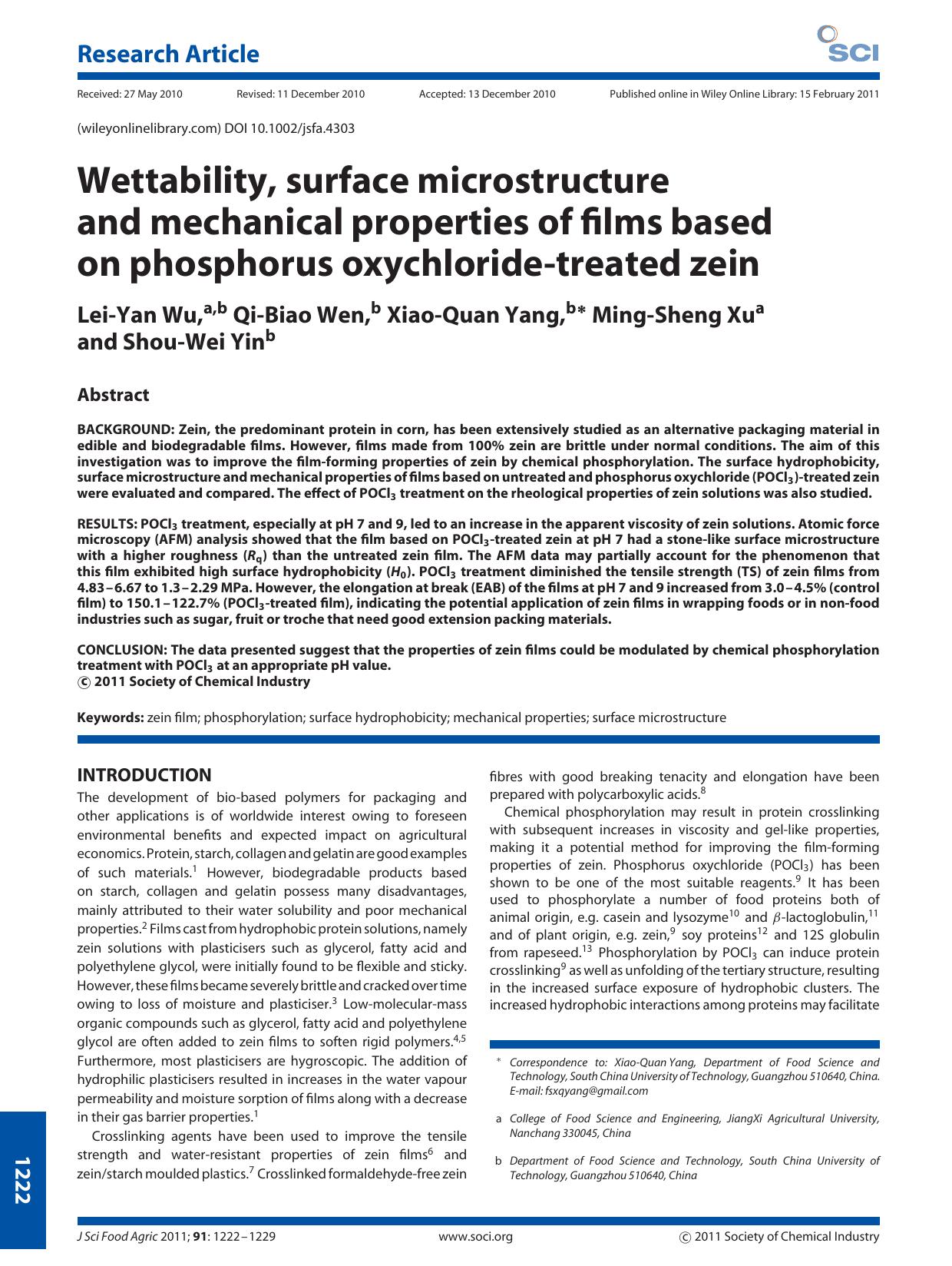 Wettability, surface microstructure and mechanical properties of films based on phosphorus oxychloridetreated zein by Unknown