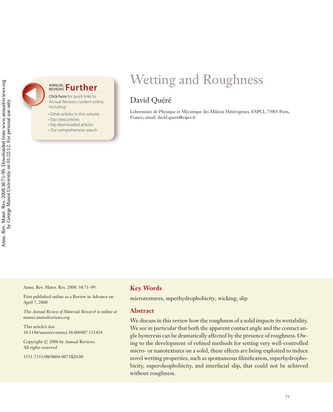 Wetting and Roughness by David Quéré