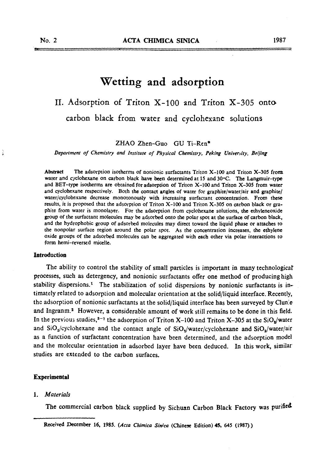 Wetting and adsorption: II. Adsorption of Triton X100 and Triton X305 onto carbon black from water and cyclohexane solutions by Unknown
