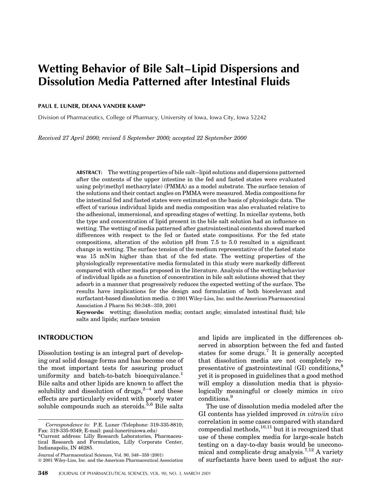 Wetting behavior of bile salt-lipid dispersions and dissolution media patterned after intestinal fluids by Unknown