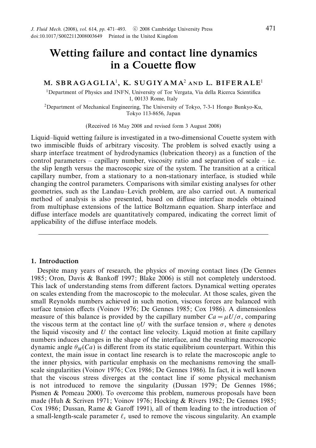 Wetting failure and contact line dynamics in a Couette flow by M. SBRAGAGLIA K. SUGIYAMA L. BIFERALE