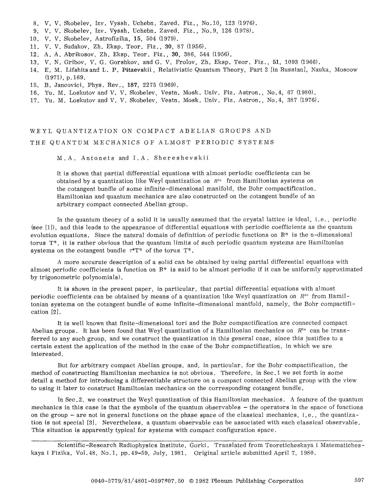 Weyl quantization on compact Abelian groups and the quantum mechanics of almost periodic systems by Unknown