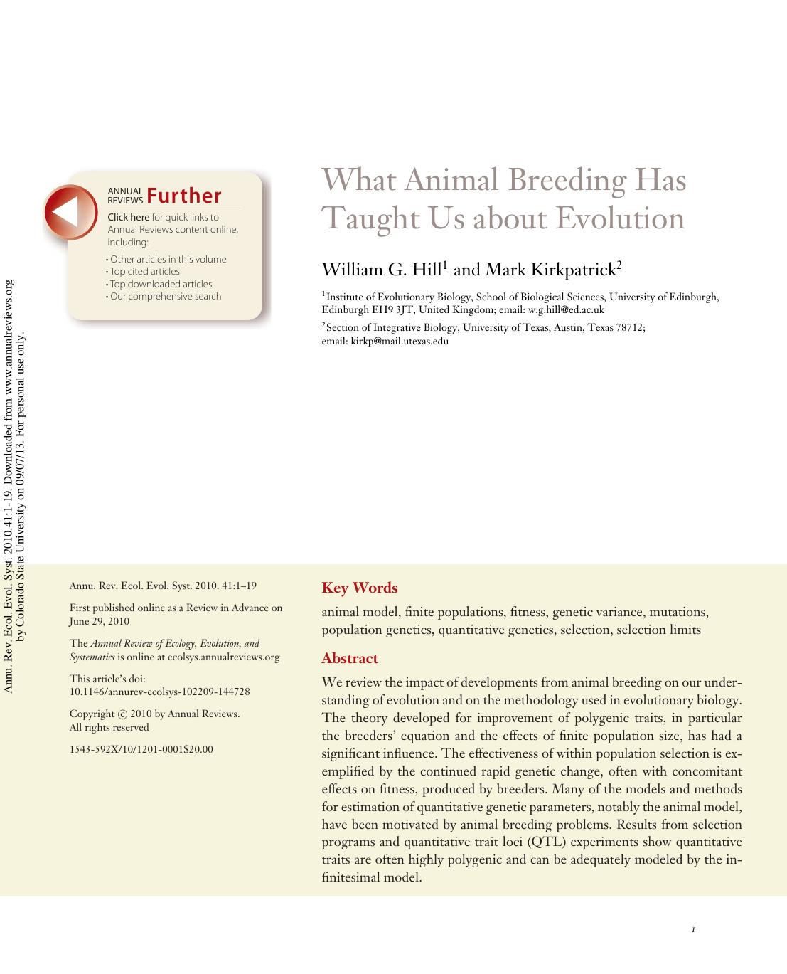 What Animal Breeding Has Taught Us about Evolution by William G. Hill & Mark Kirkpatrick