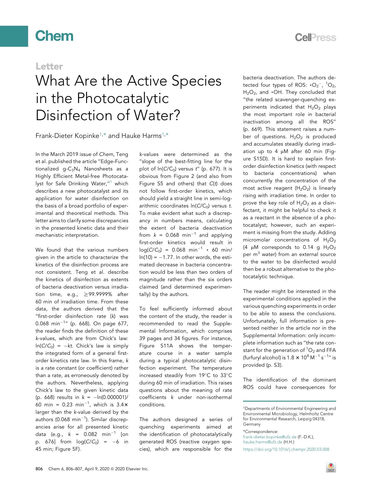 What Are the Active Species in the Photocatalytic Disinfection of Water? by Frank-Dieter Kopinke & Hauke Harms
