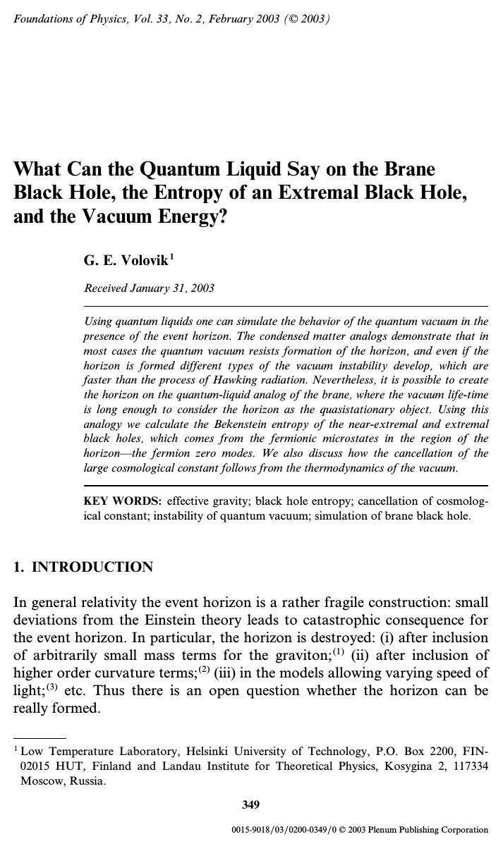 What Can the Quantum Liquid Say on the Brane Black Hole, the Entropy of an Extremal Black Hole, and the Vacuum Energy? by Unknown
