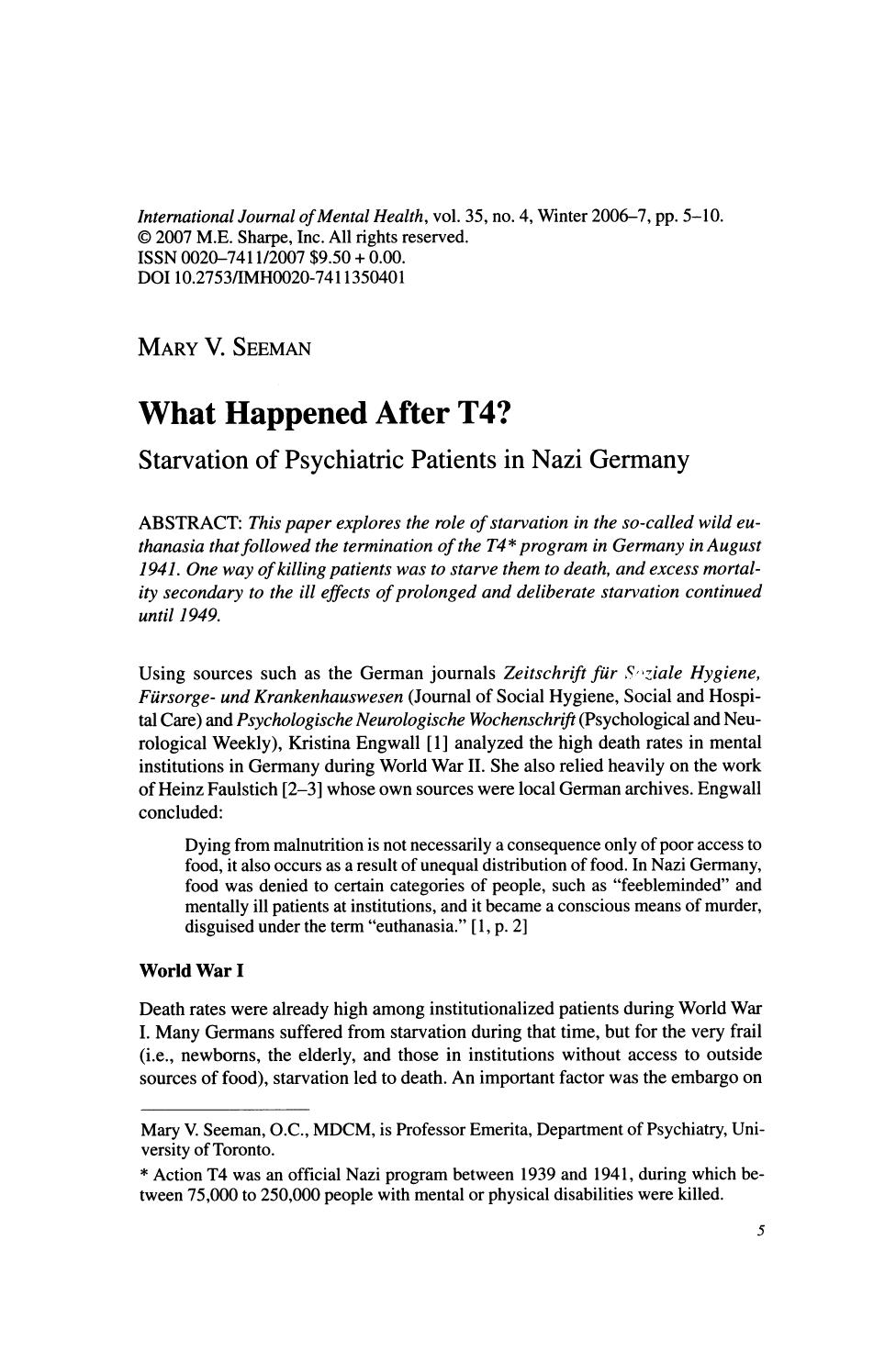 What Happened After T4; Starvation of Psychiatrie Patients in Nazi Germany by Unknown