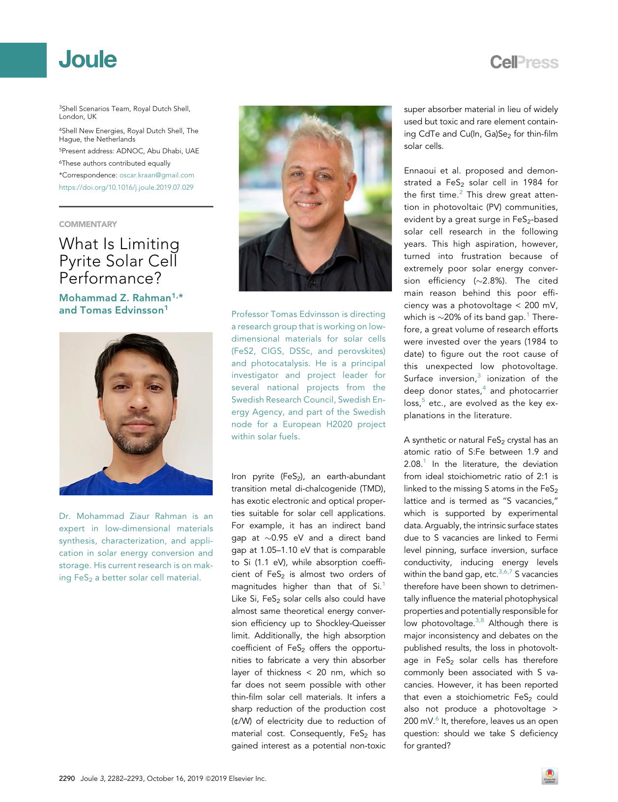 What Is Limiting Pyrite Solar Cell Performance? by Mohammad Z. Rahman & Tomas Edvinsson