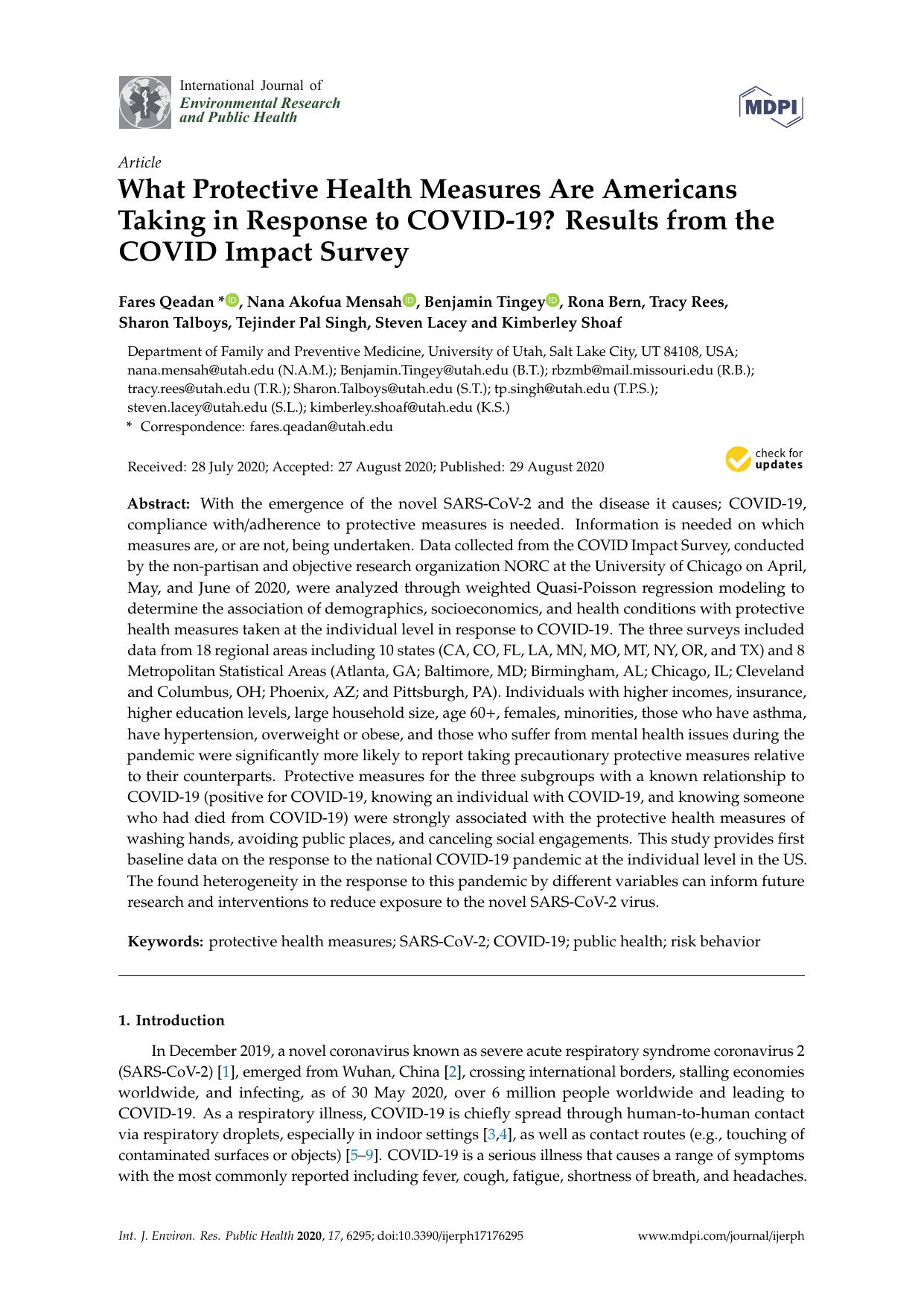 What Protective Health Measures Are Americans Taking in Response to COVID-19? Results from the COVID Impact Survey by unknow