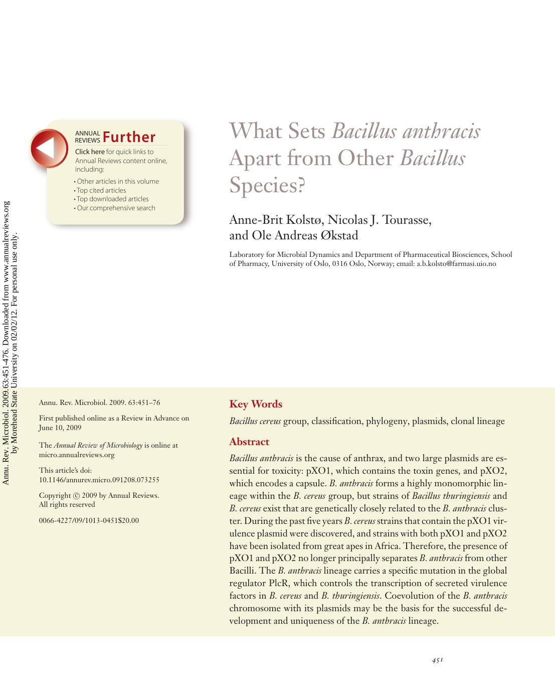 What Sets Bacillus anthracis Apart from Other Bacillus Species? by Anne-Brit Kolstø Nicolas J. Tourasse & Ole Andreas Økstad