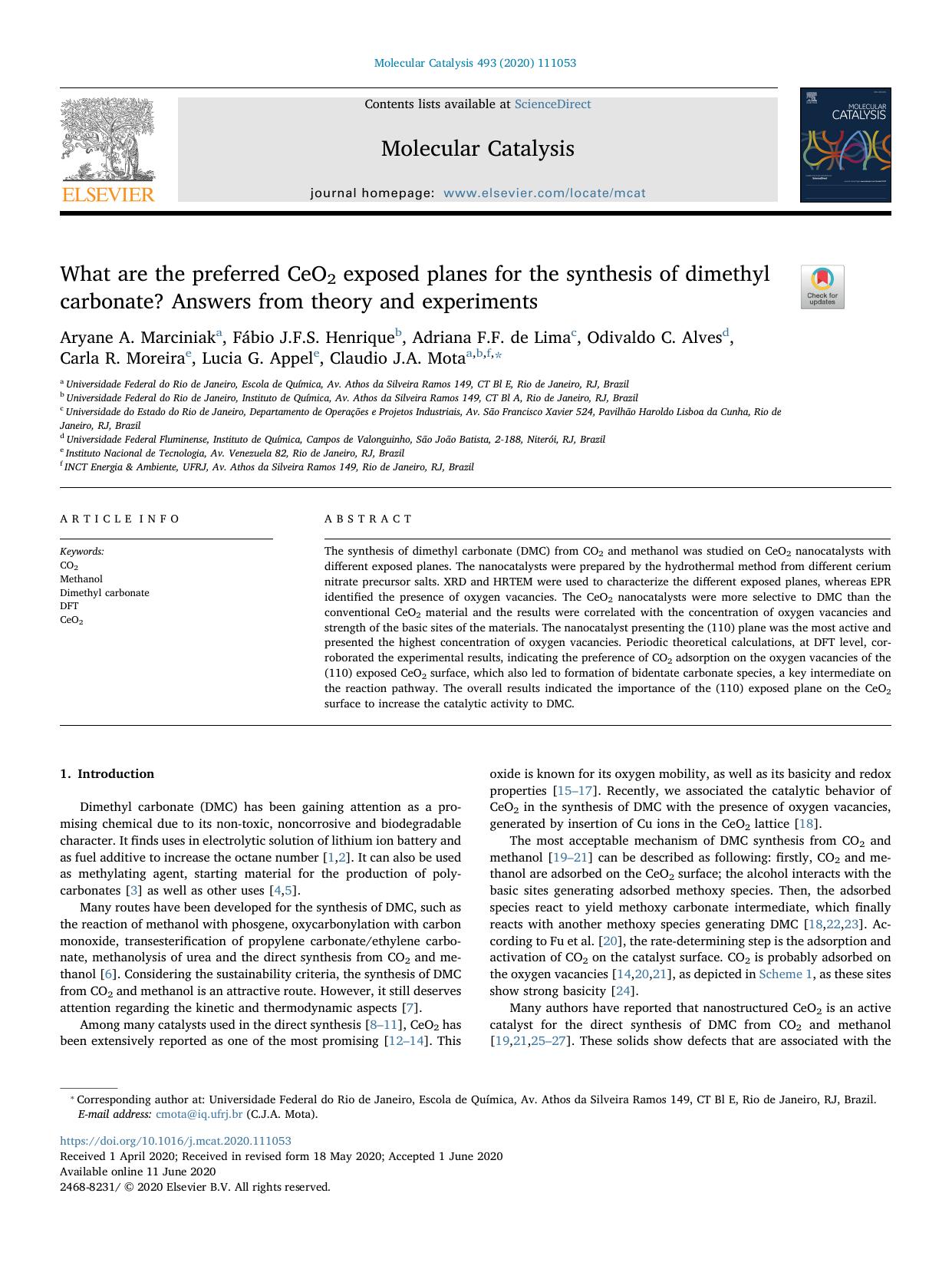 What are the preferred CeO2 exposed planes for the synthesis of dimethyl carbonate? Answers from theory and experiments by unknow