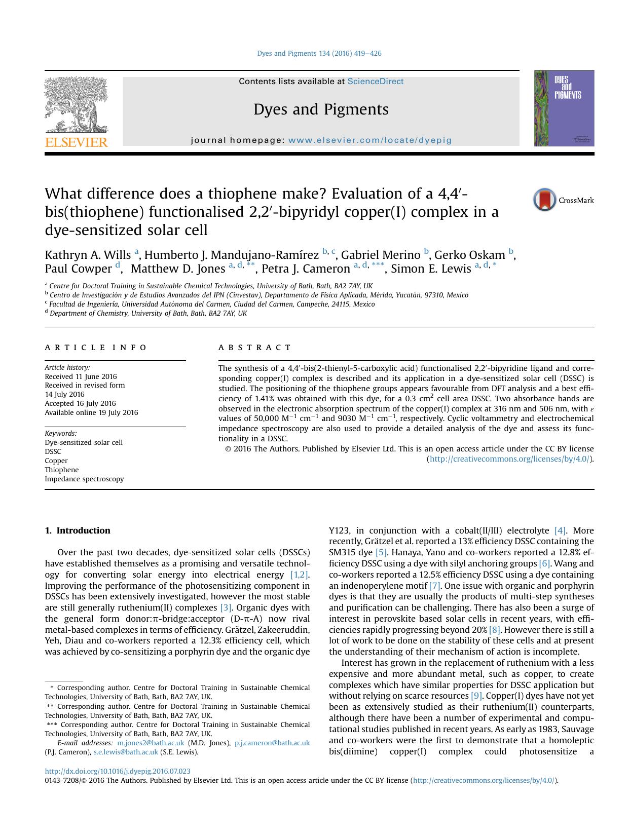 What difference does a thiophene make? Evaluation of a 4,4&prime;-bis(thiophene) functionalised 2,2&prime;-bipyridyl copper(I) complex in a dye-sensitized solar cell by unknow