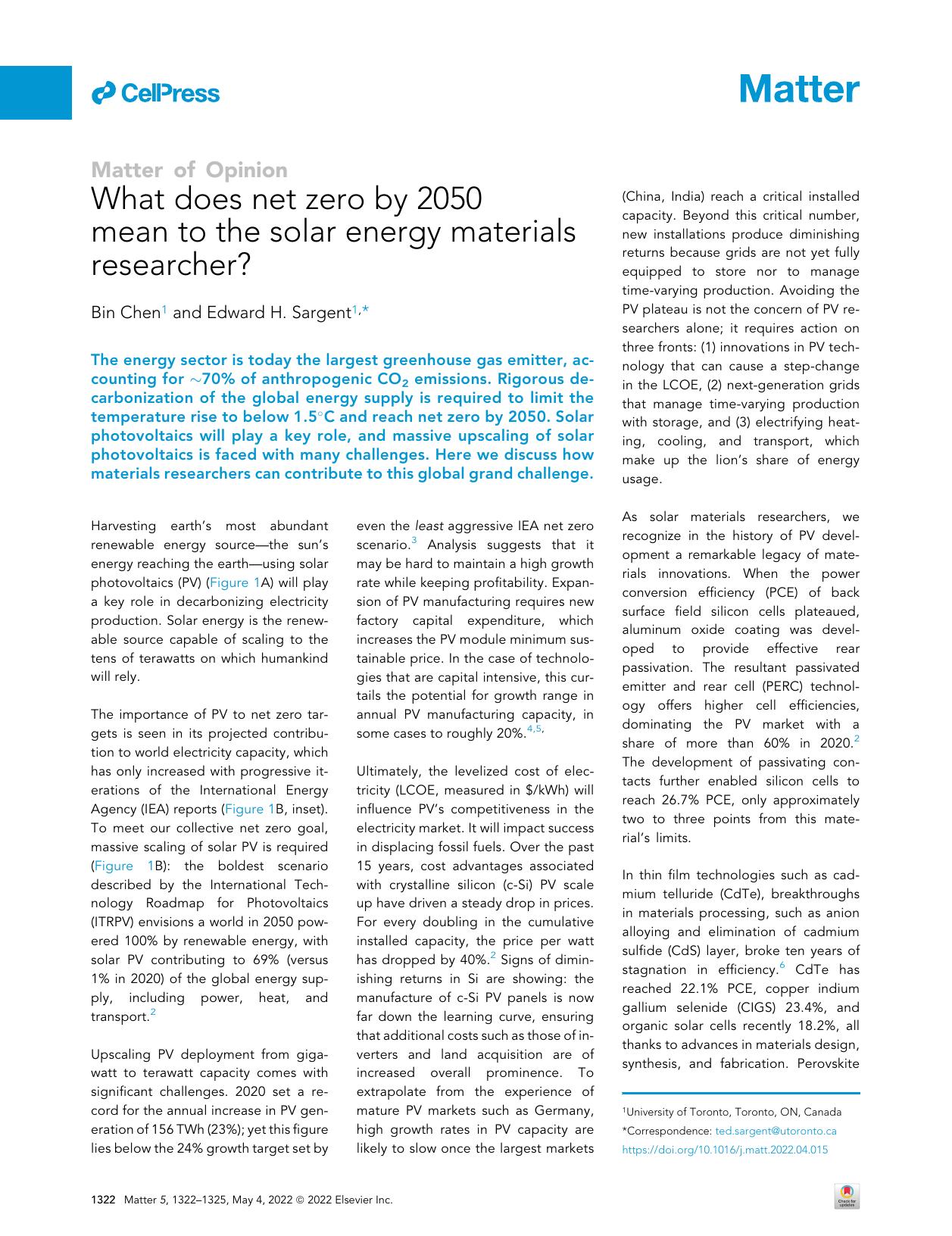 What does net zero by 2050 mean to the solar energy materials researcher? by Bin Chen & Edward H. Sargent