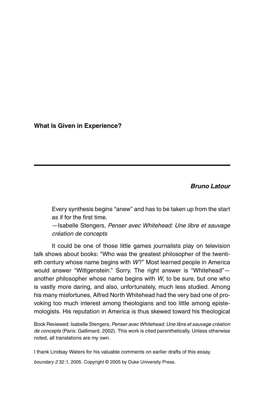What is Given in Experience (2005) by Unknown