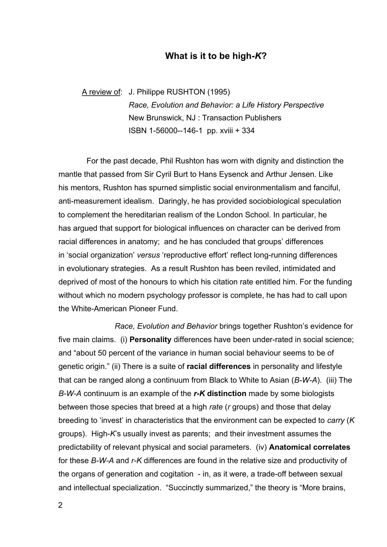 What is it to be High-K - Review of John Philippe Rushton's ''Race, Evolution and Behavior by A Life History Perspective'' (1995) by Chris Brand