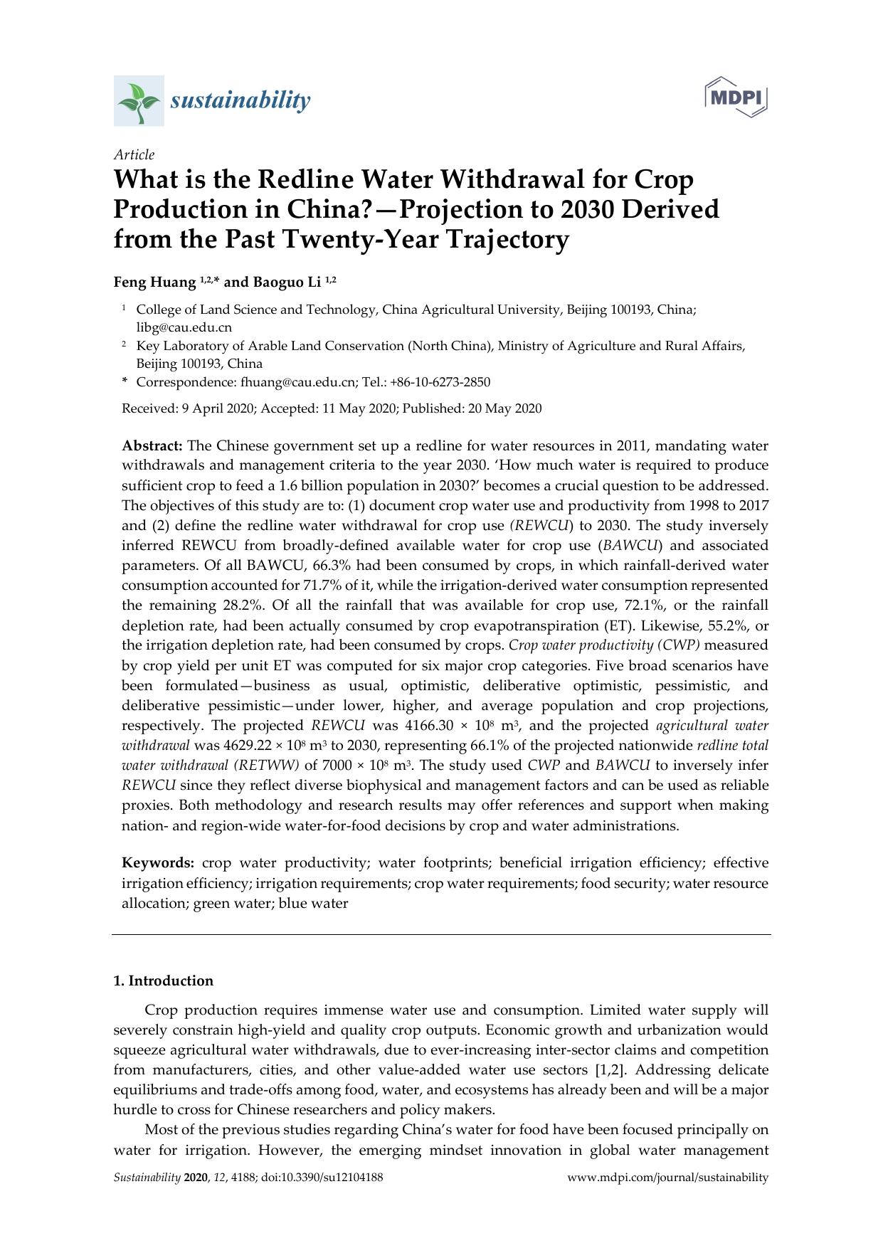 What is the Redline Water Withdrawal for Crop Production in China?âProjection to 2030 Derived from the Past Twenty-Year Trajectory by Feng Huang