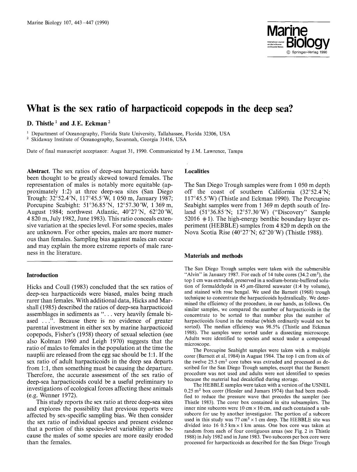 What is the sex ratio of harpacticoid copepods in the deep sea? by Unknown