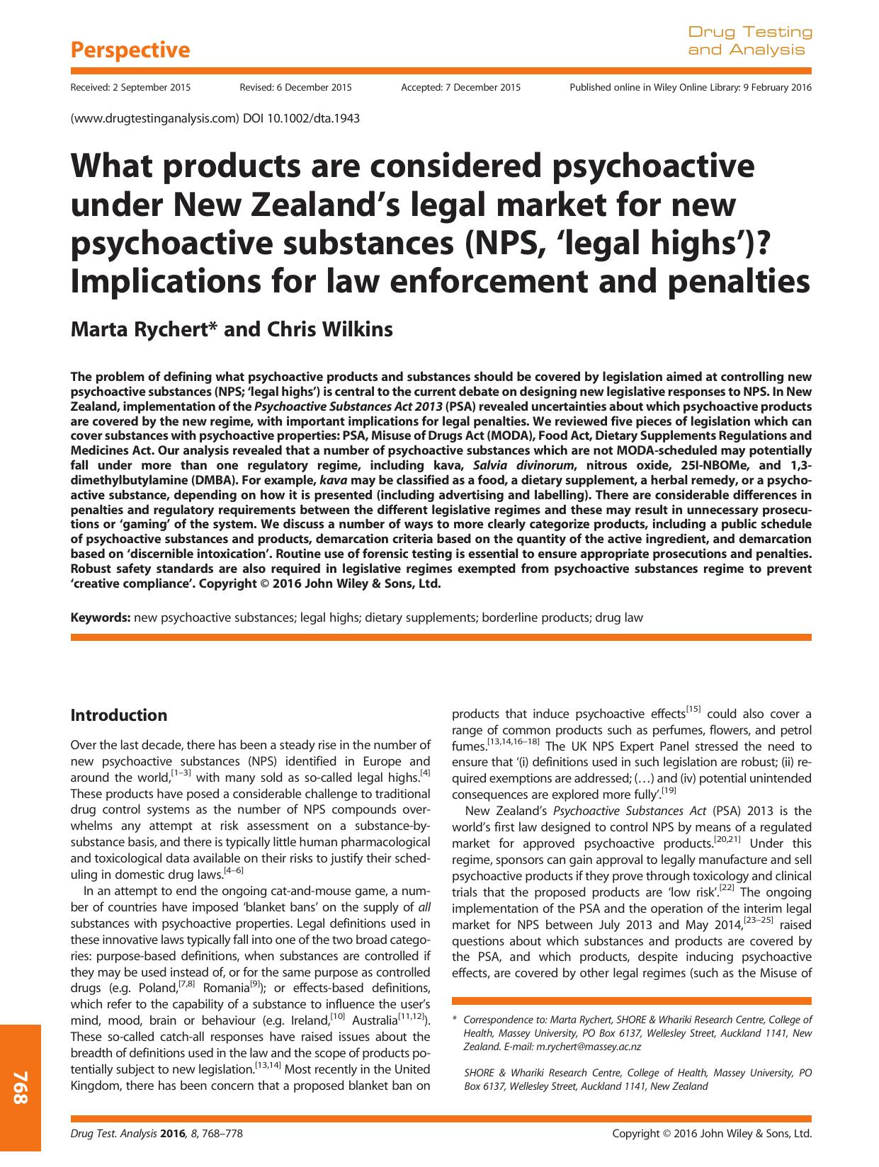 What products are considered psychoactive under New Zealand's legal market for new psychoactive substances (NPS, legal highs)? Implications for law enforcement and penalties by Marta Rychert and Chris Wilkins