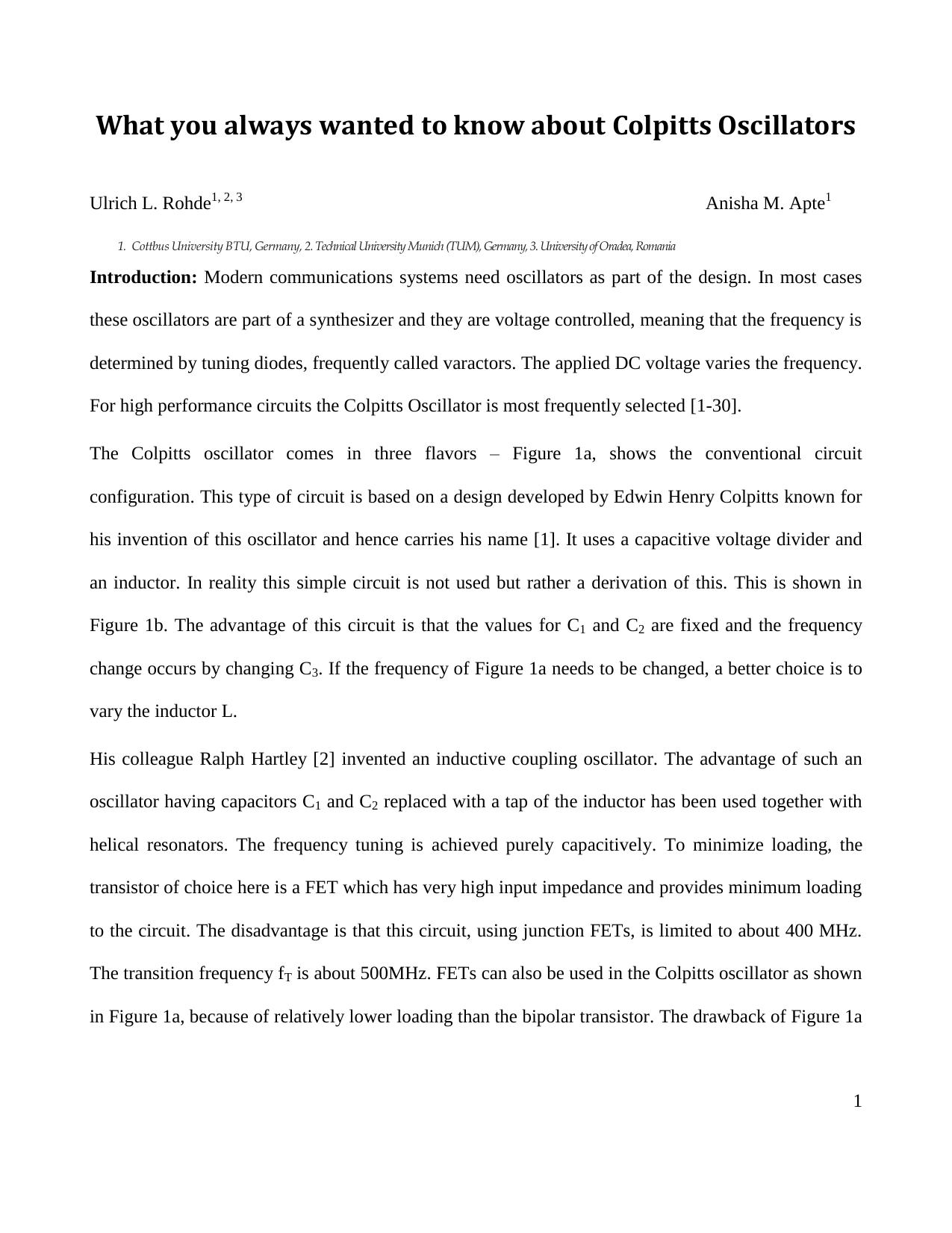What you always wanted to know about Colpitts Oscillators by Ulrich