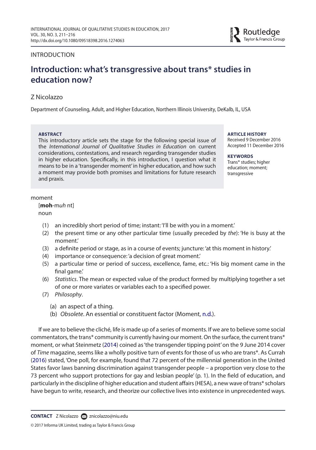 Whatâs Transgressive about Trans* Studies in Education Now? by Z Nicolazzo (ed.)