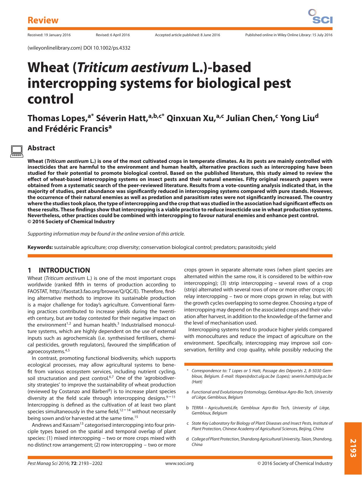 Wheat (Triticum aestivum L.)-based intercropping systems for biological pest control by Unknown