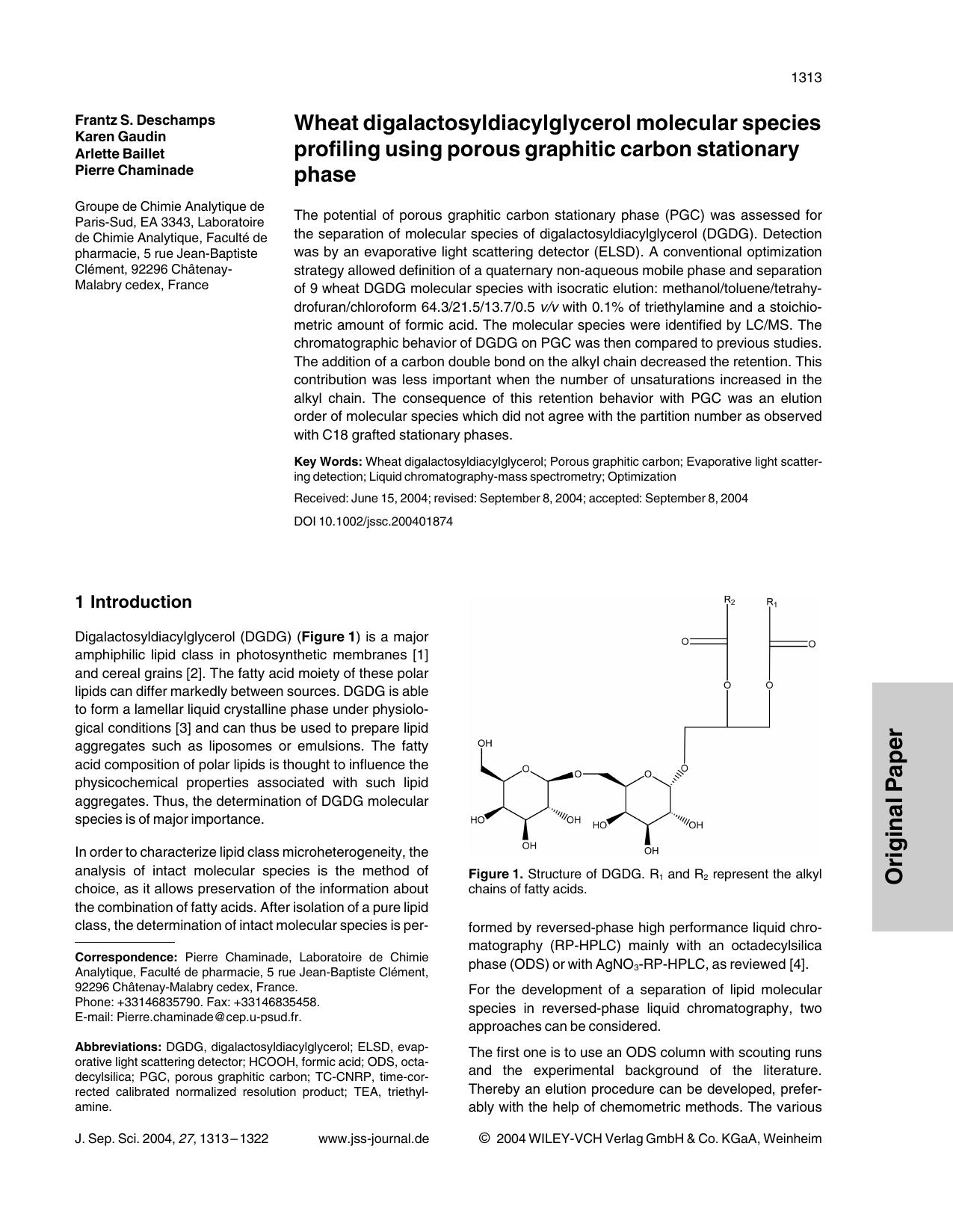Wheat digalactosyldiacylglycerol molecular species profiling using porous graphitic carbon stationary phase by Unknown