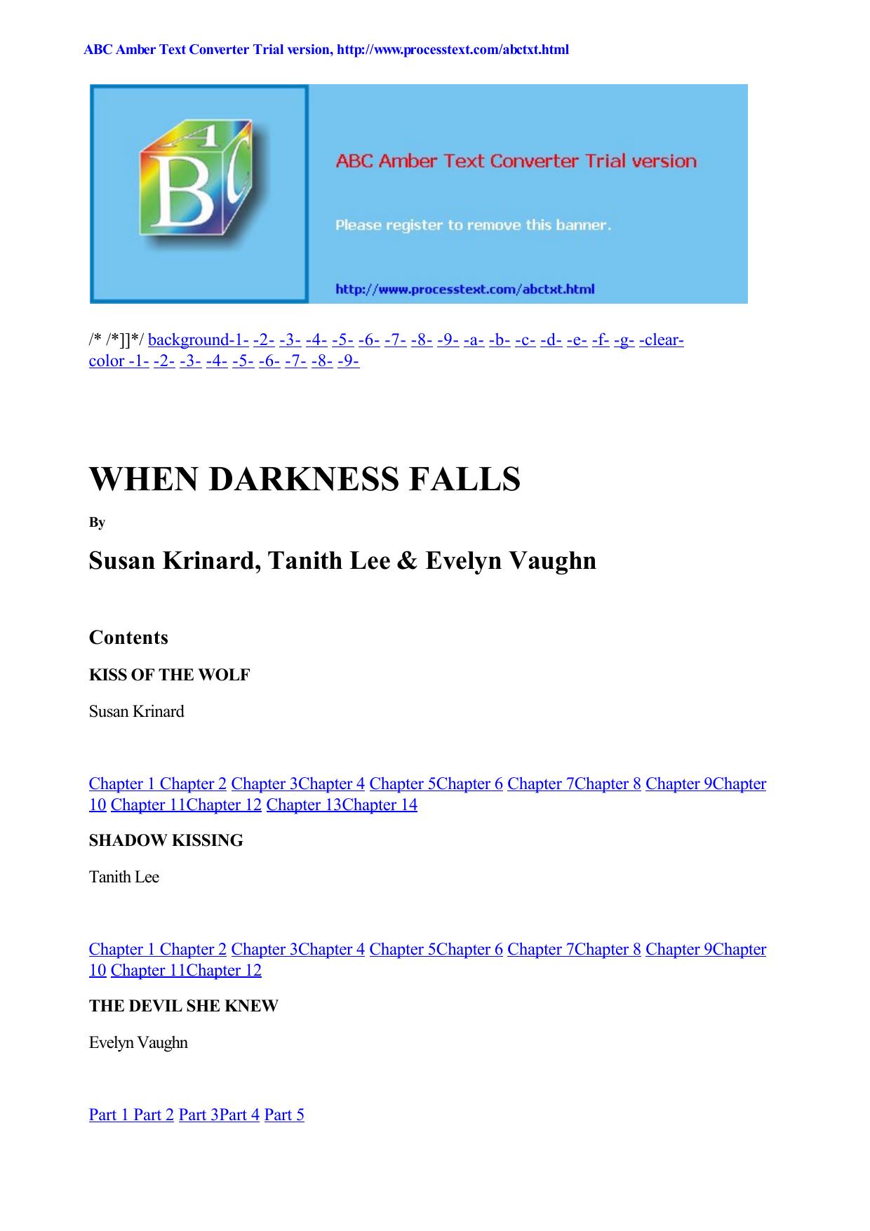 When Darkness Falls: Kiss Of The Wolf Shadow Kissing The Devil She Knew by Susan Krinard Tanith Lee Evelyn Vaughn