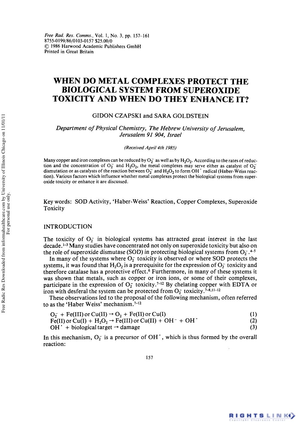 When Do Metal Complexes Protect the Biological System from Superoxide Toxicity and When Do They Enhance It? by Gidon Czapski1 & Sara Goldstein1
