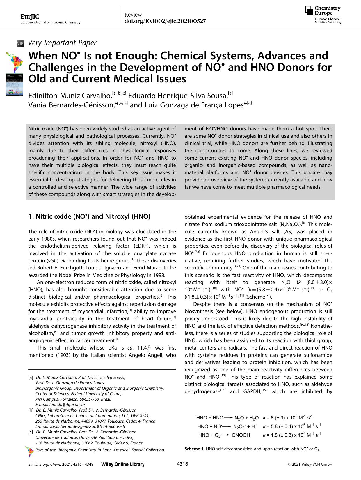 When NO. Is not Enough: Chemical Systems, Advances and Challenges in the Development of NO. and HNO Donors for Old and Current Medical Issues by Unknown
