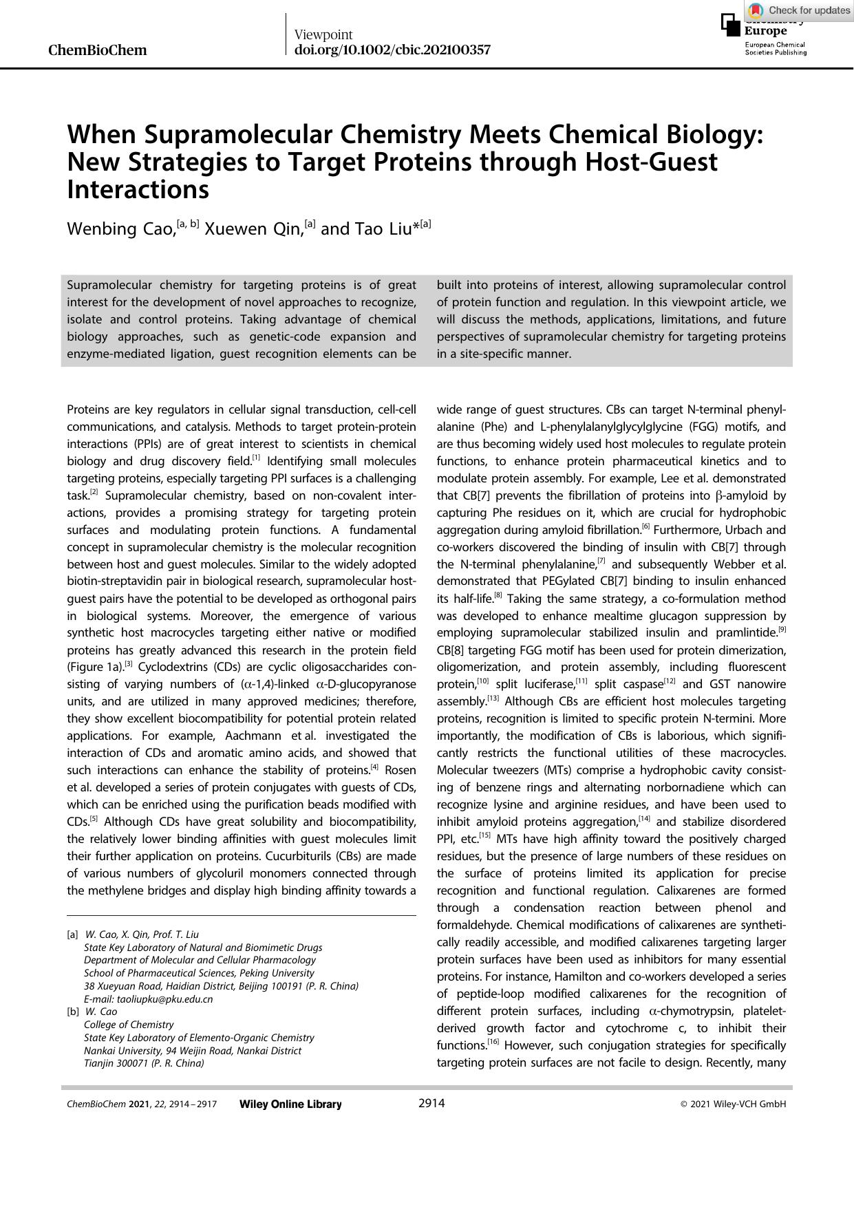When Supramolecular Chemistry Meets Chemical Biology: New Strategies to Target Proteins through HostâGuest Interactions by Unknown