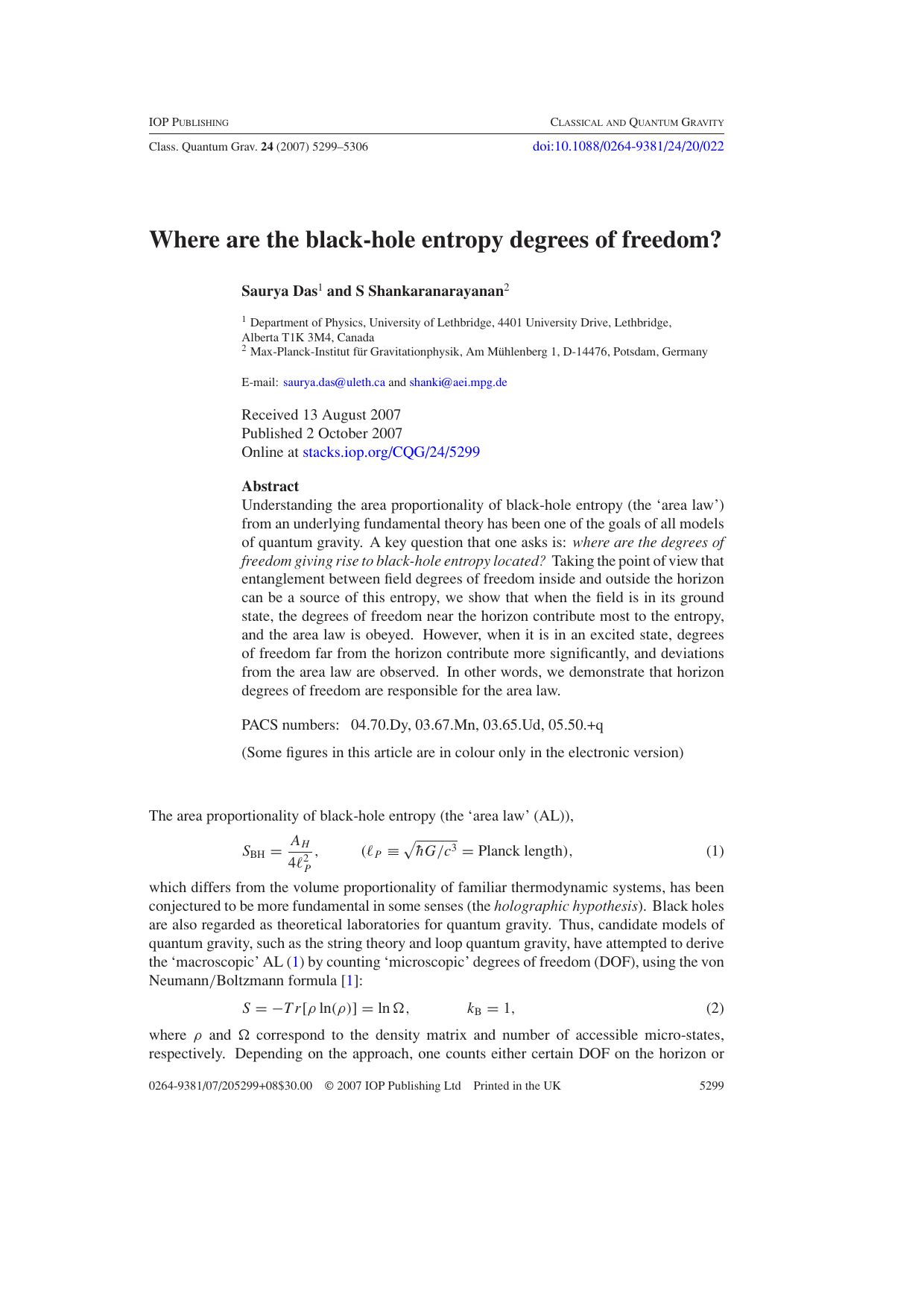 Where are the black-hole entropy degrees of freedom? by S Das & S Shankaranarayanan